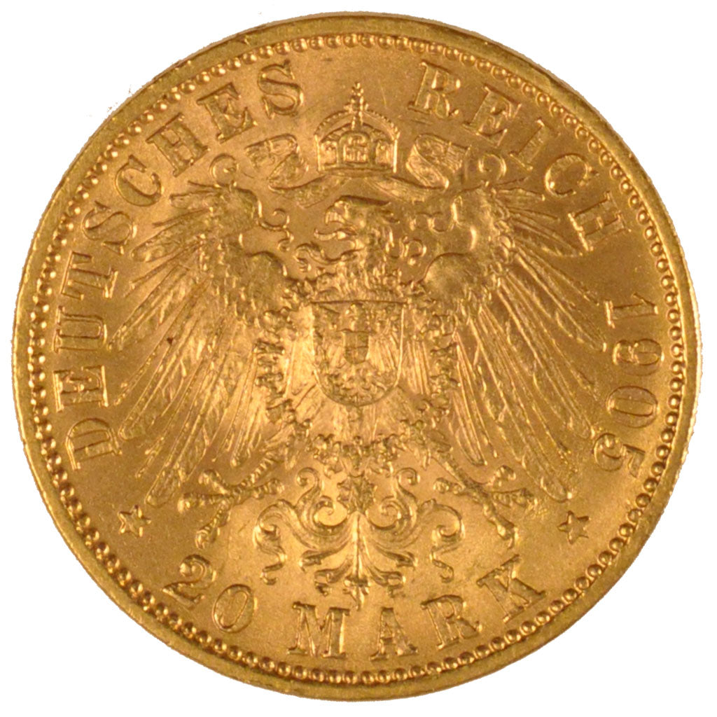 Germany, 20 Mark, 1905, Munich, KM #513, AU(55-58), Gold, 7.96