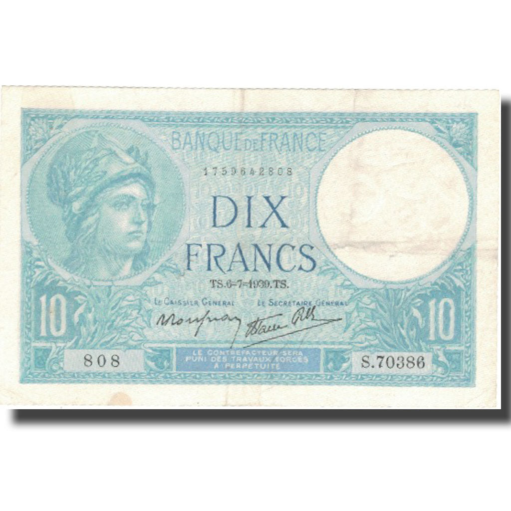Francia, 10 Francs, 10 F 1916-1942 ''Minerve'', 1939, 1939-07-06, BB+