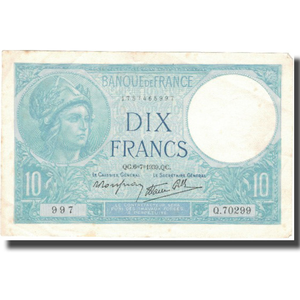 Frankreich, 10 Francs, 10 F 1916-1942 ''Minerve'', 1939, 1939-07-06, SS+, KM:84
