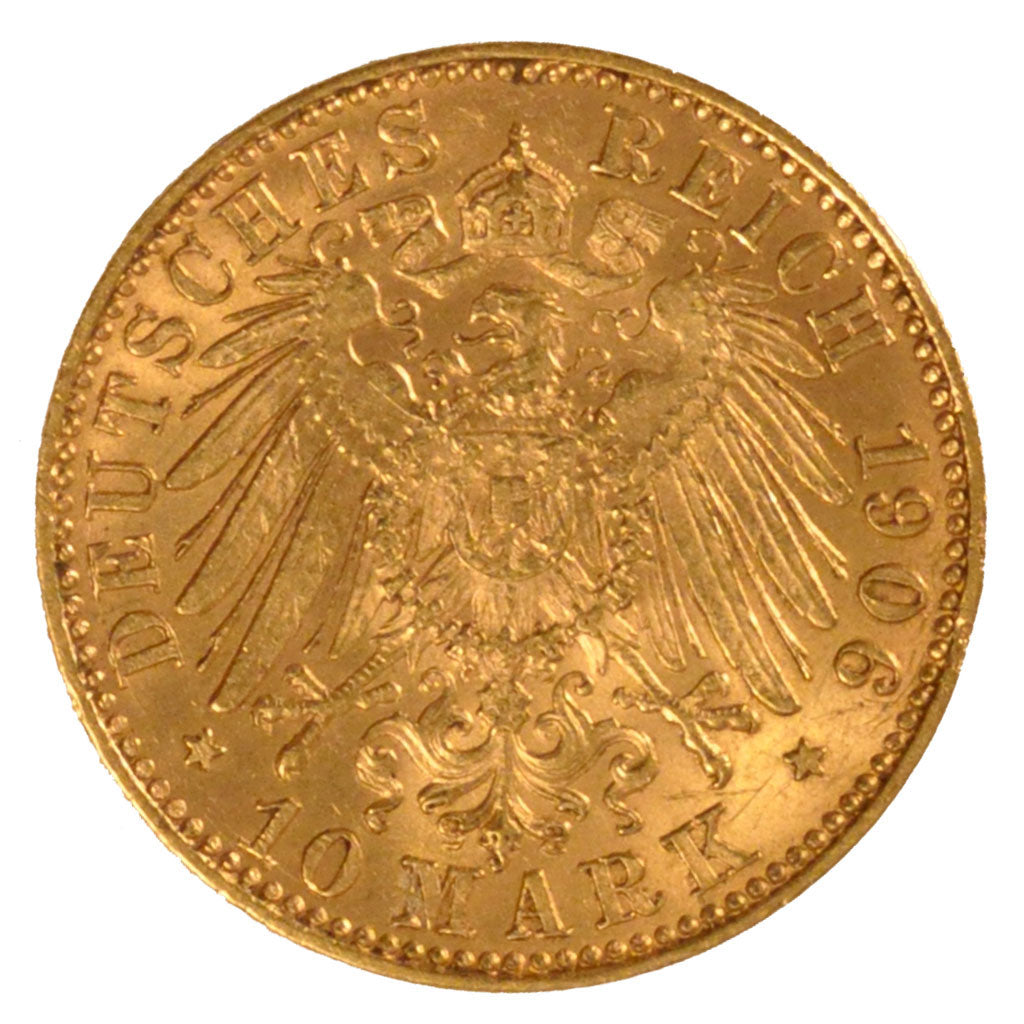 GERMAN STATES, 10 Mark, 1906, Muldenhutten, KM #1264, AU(55-58), Gold, 3.98