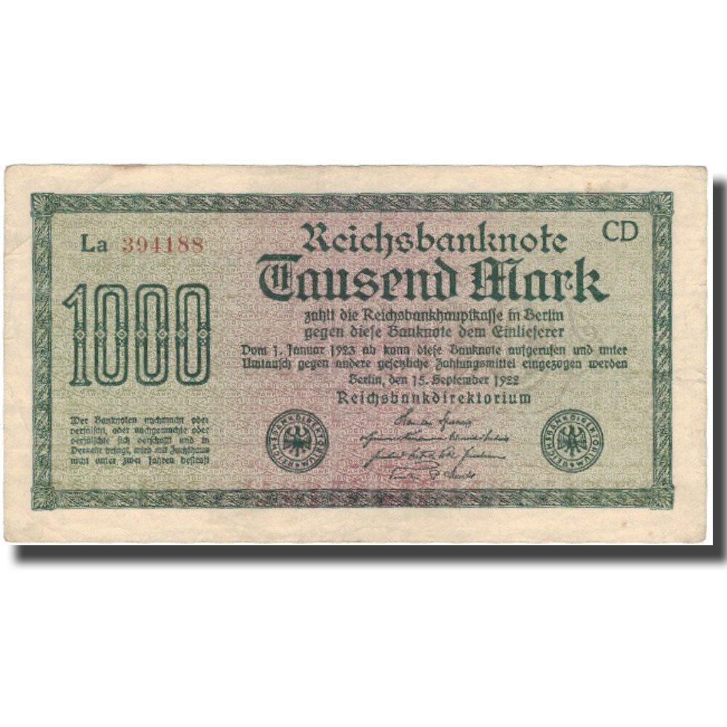 Banknote, Germany, 1000 Mark, 1922, 1922-09-15, KM:76d, AU(50-53)
