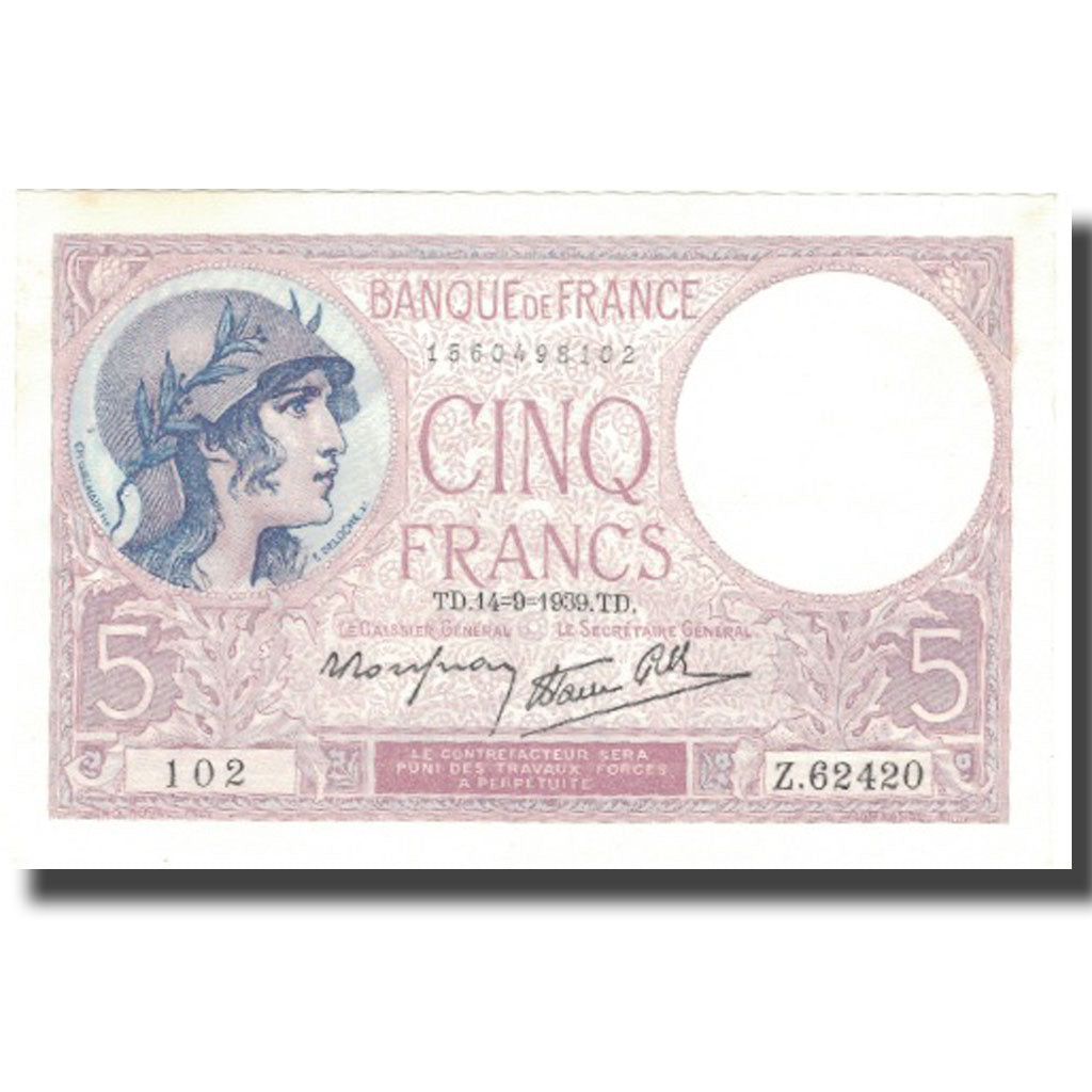 France, 5 Francs, 5 F 1917-1940 ''Violet'', 1939, 1939-09-14, UNC(60-62)