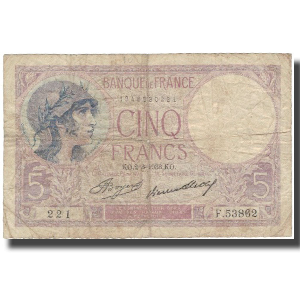 France, 5 Francs, 5 F 1917-1940 ''Violet'', 1933, 1933-03-02, TB, Fayette:3.17