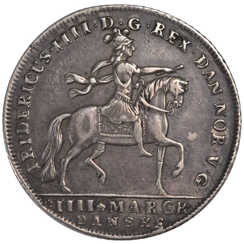 DENMARK, Krone, 4 Mark, 1711, Copenhaguen, KM #503, AU(50-53), Silver, 22.46