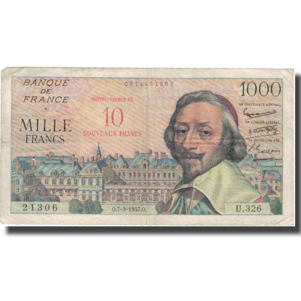 Francia, 10 Nouveaux Francs on 1000 Francs, 1955-1959 Overprinted with