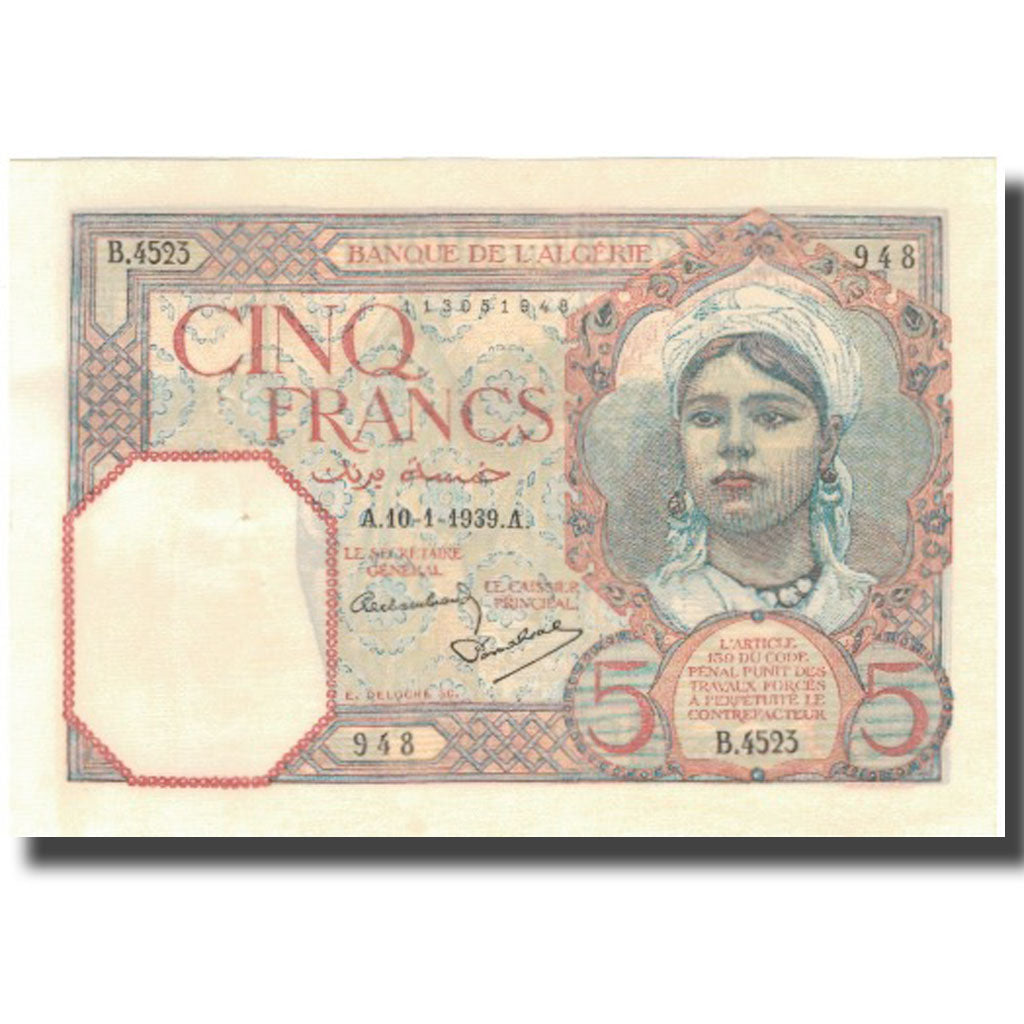 Banknote, Algeria, 5 Francs, 1939, 1939-01-10, KM:77a, UNC(63)