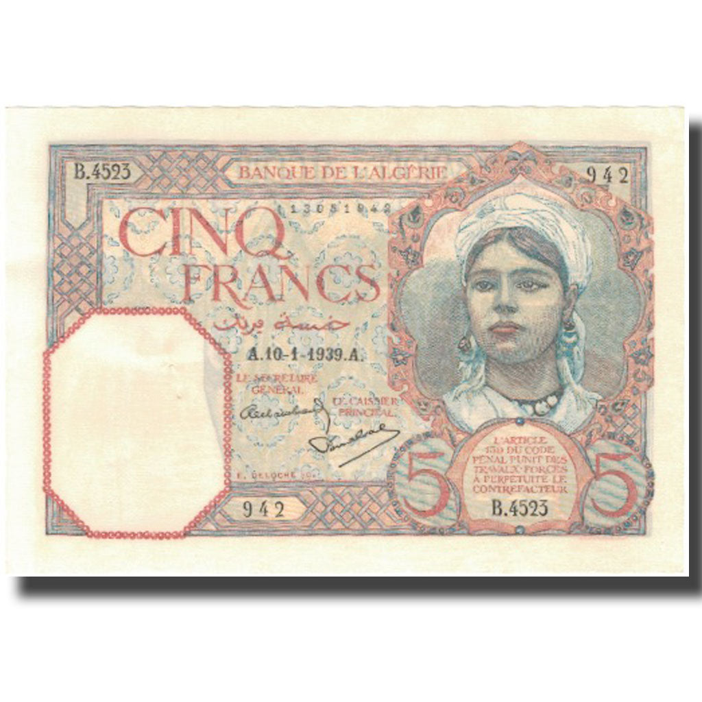 Banknote, Algeria, 5 Francs, 1939, 1939-01-10, KM:77a, UNC(64)