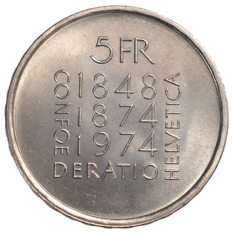 SWITZERLAND, 5 Francs, 1974, KM #52, MS(60-62), Copper-Nickel, 31.45, 13.00