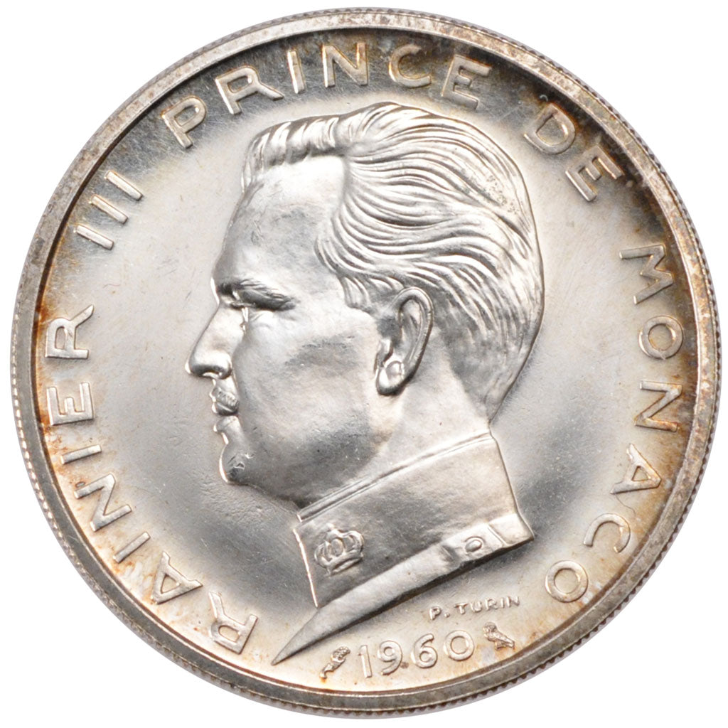 MONACO, 5 Francs, 1960, KM #E41, MS(65-70), Silver, Gadoury #152, 12.00