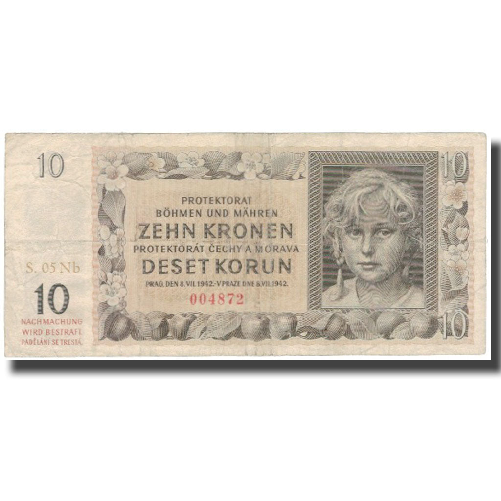 Banknote, Bohemia and Moravia, 10 Korun, 1942, 1942-07-08, KM:8a, VF(30-35)
