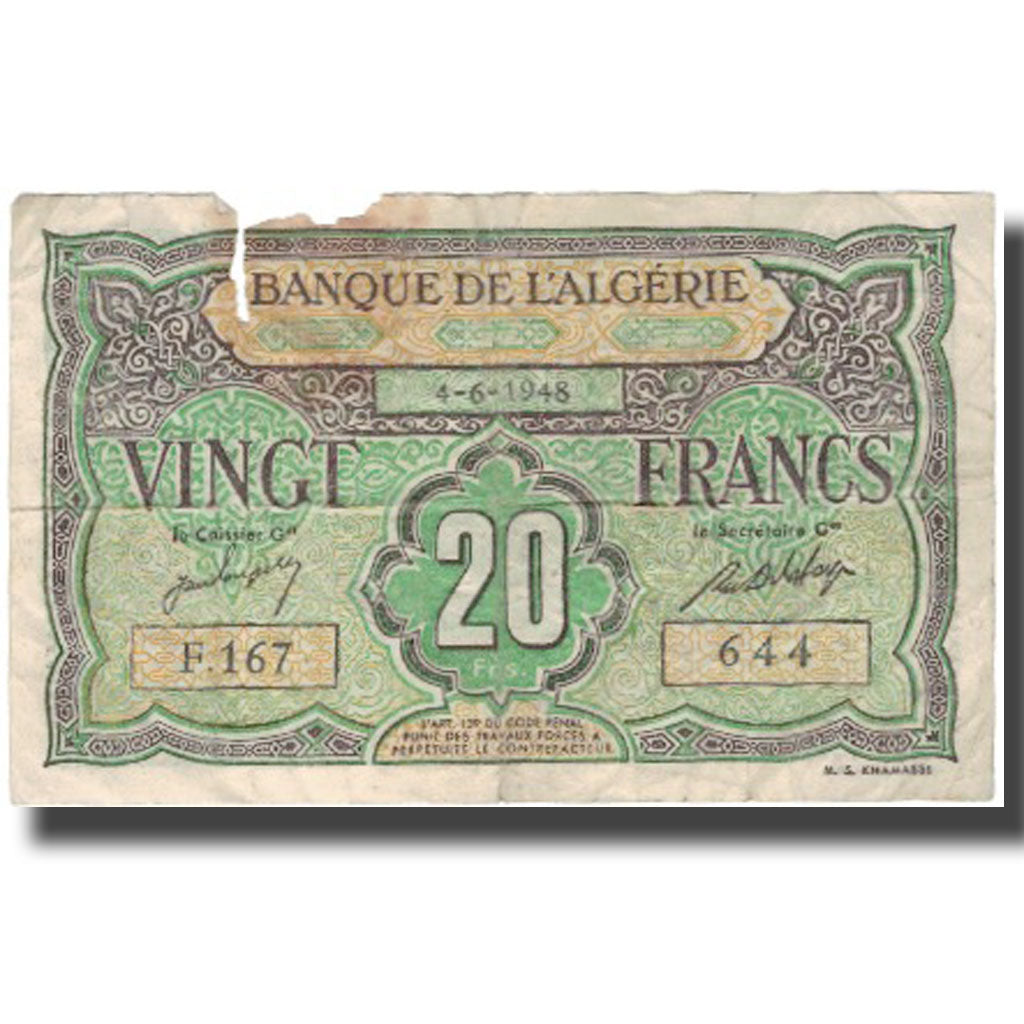 Banknote, Algeria, 20 Francs, 1948, 1948-06-04, KM:103, VG(8-10)