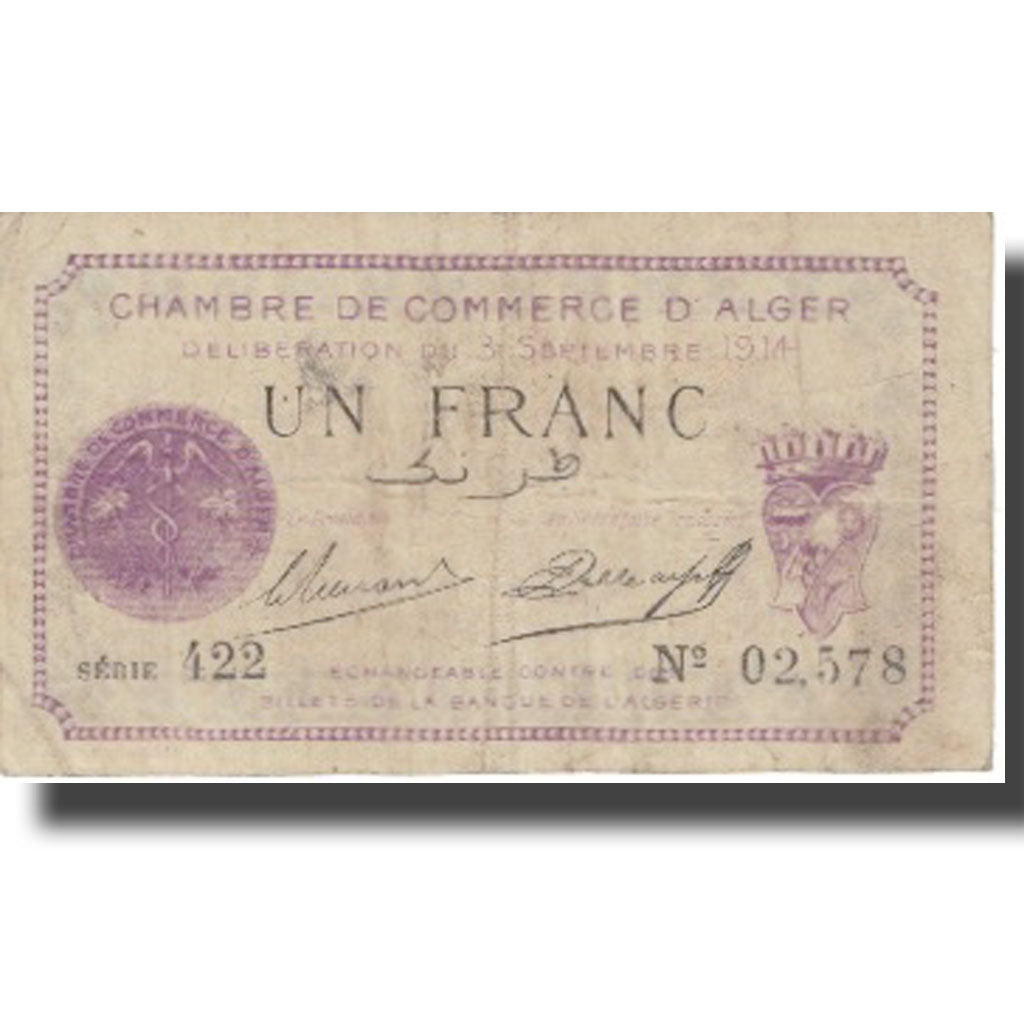 Banknote, Algeria, 1 Franc, Chambre de Commerce,1914-09-03, VF(20-25)P:137-01