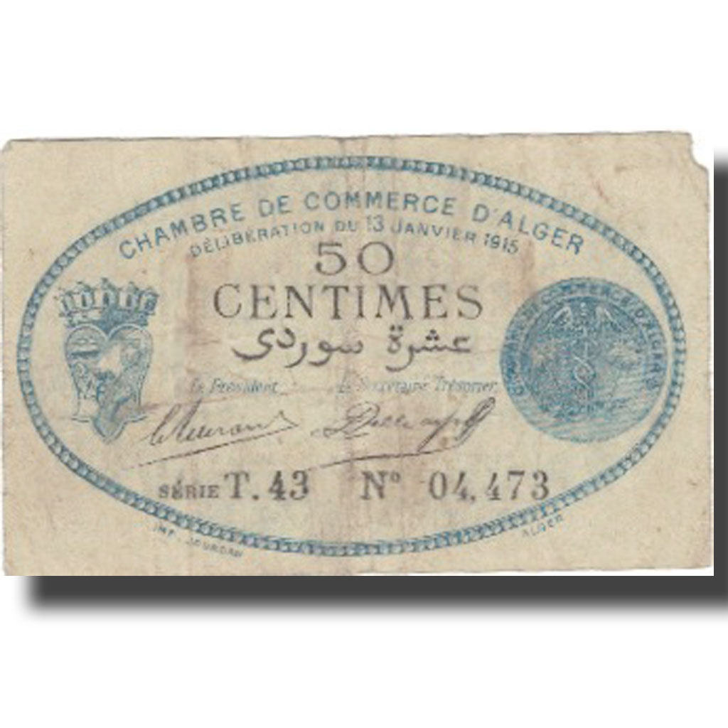 Banconote, Algeria, 50 Centimes, Chambre de Commerce, 1915, 1915-01-13, MB+