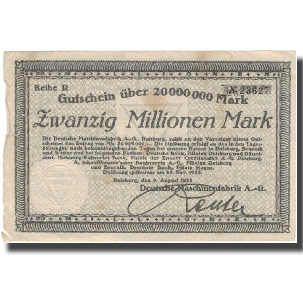 Banknot, Niemcy, 20 Millions Mark, N.D, 1923, 1923-08-09, VF(30-35)