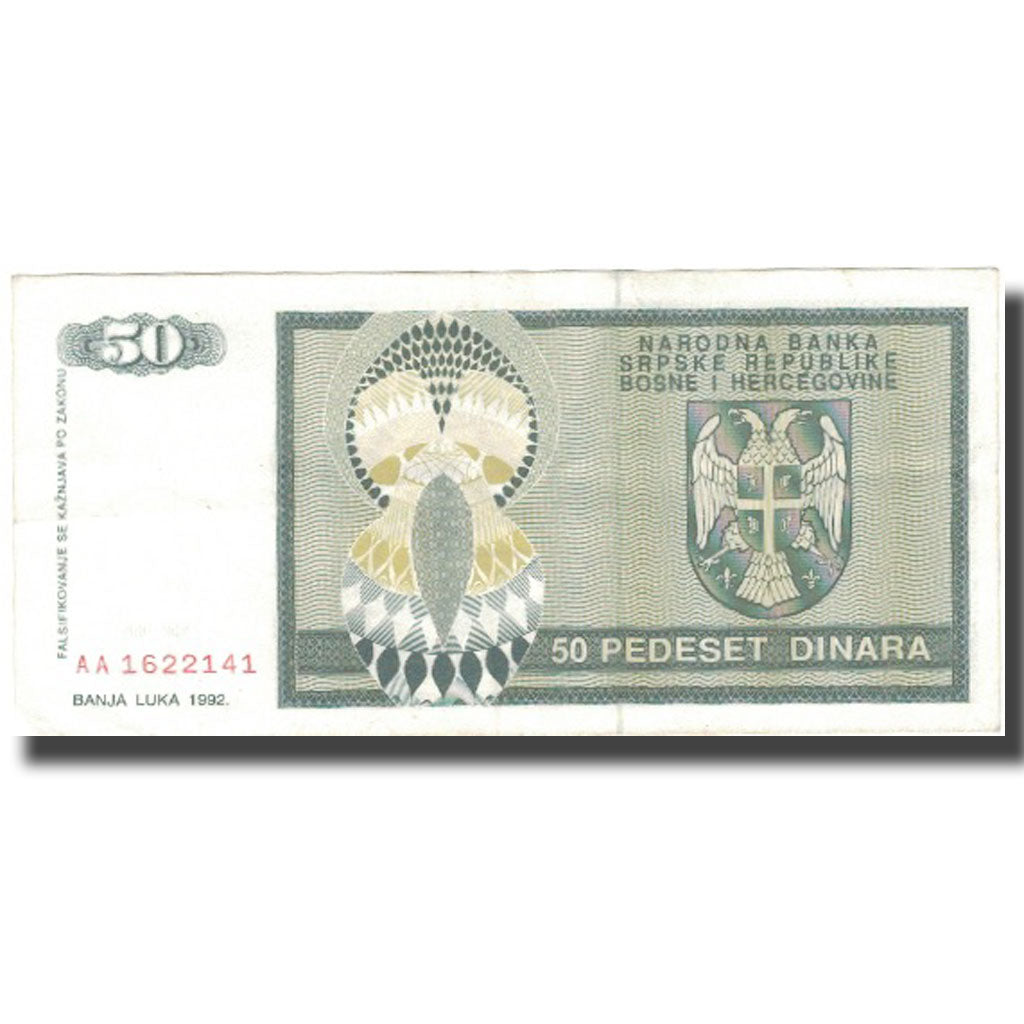Banknote, Bosnia - Herzegovina, 50 Dinara, 1992, 1992, KM:134a, EF(40-45)