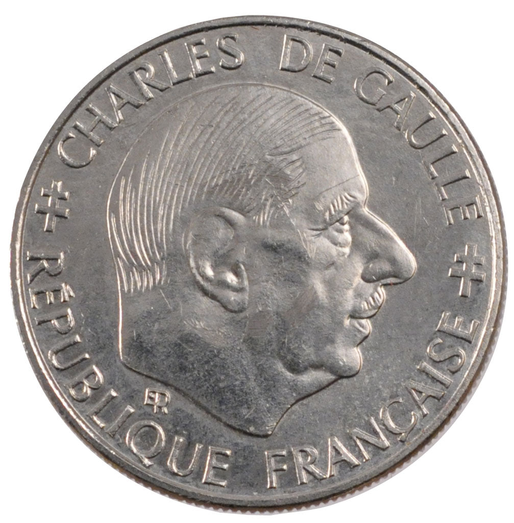 FRANCE, Charles de Gaulle, Franc, 1988, Paris, KM #963, AU(55-58), Nickel, 24,..
