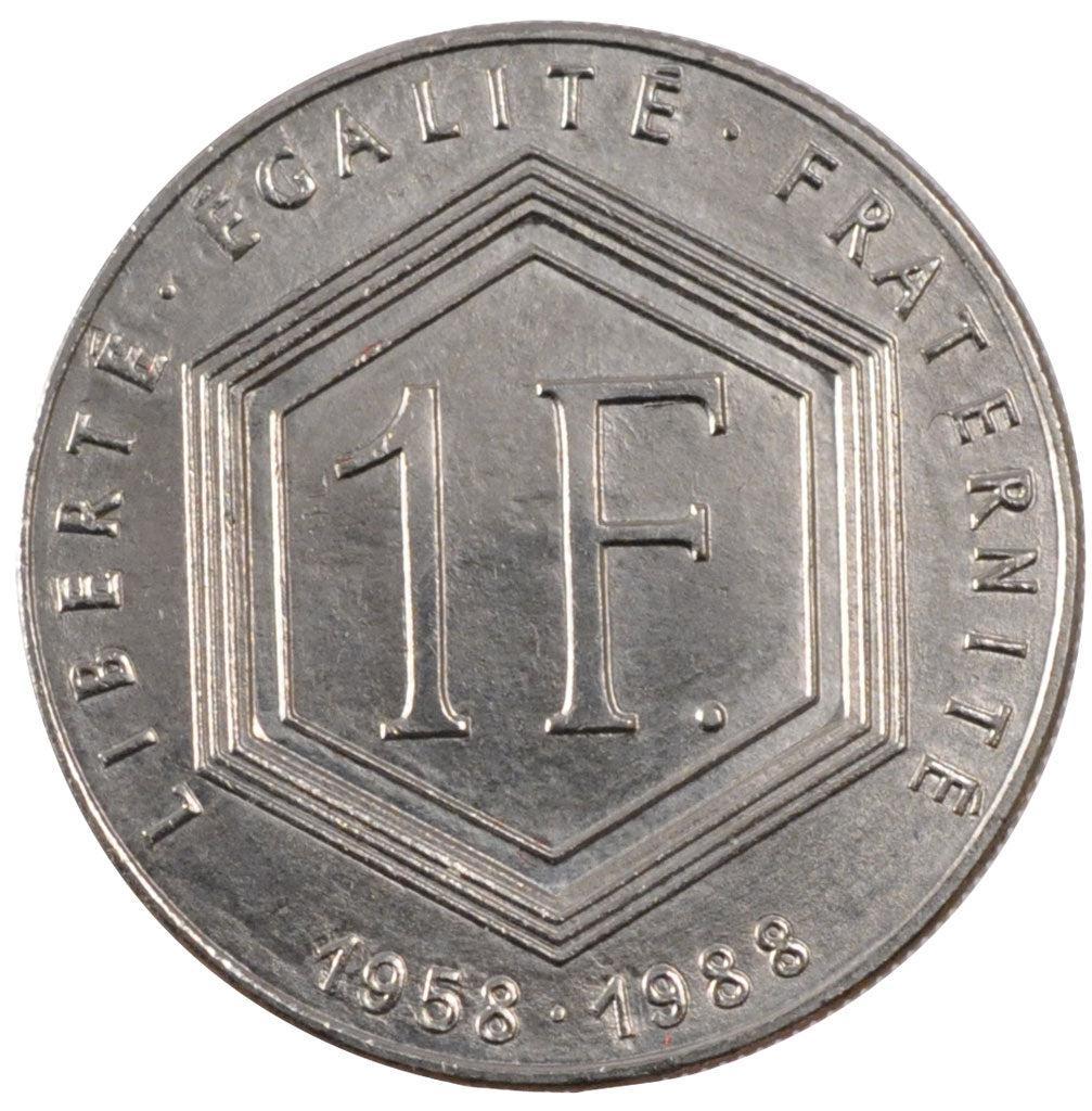 FRANCE, Charles de Gaulle, Franc, 1988, Paris, KM #963, AU(55-58), Nickel, 24,..