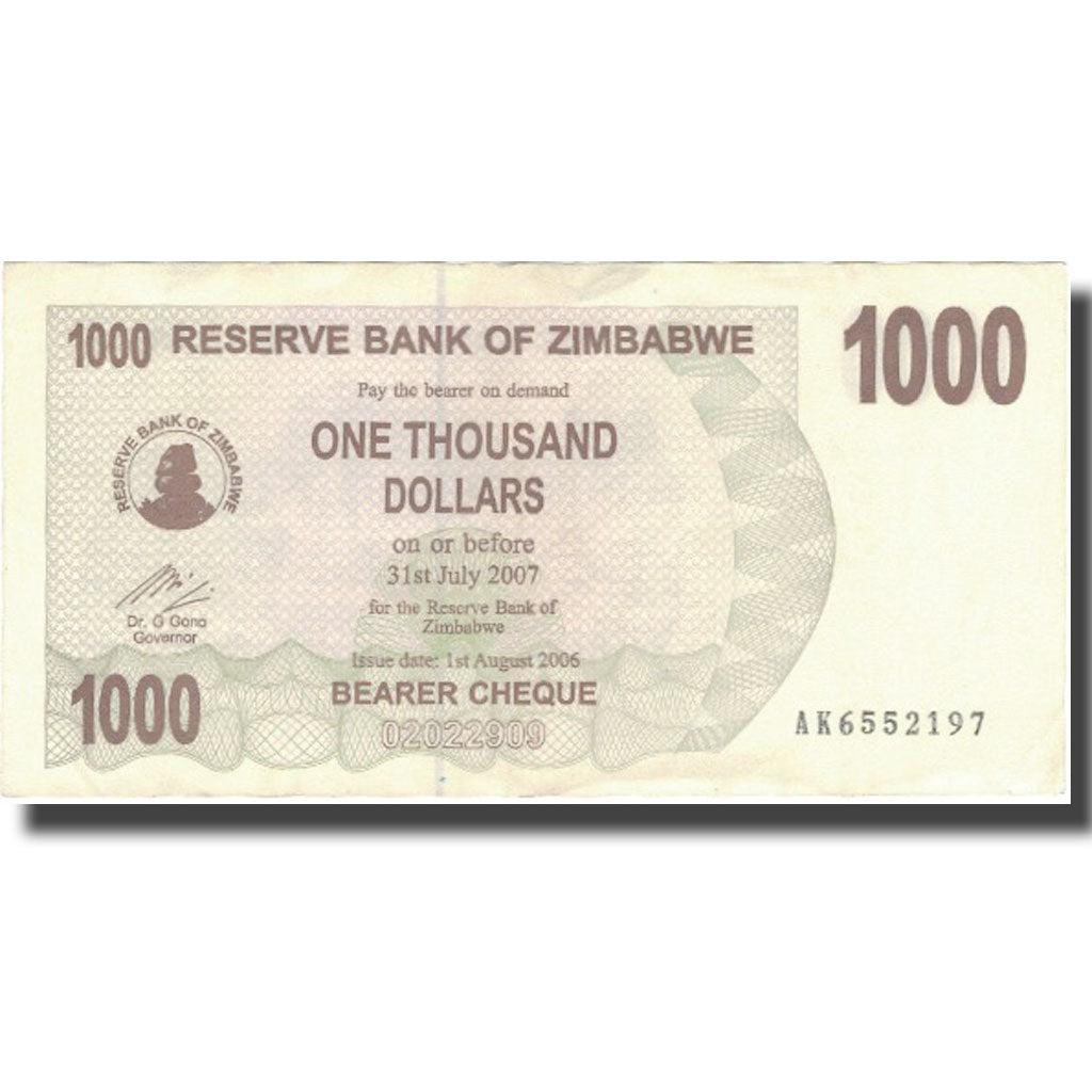 Biljet, Zimbabwe, 1000 Dollars, 2007, 2007-07-31, KM:44, TTB+