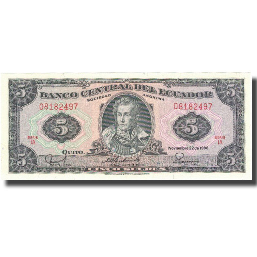 Nota, Equador, 5 Sucres, 1988, 1988-11-22, KM:120A, UNC(65-70)