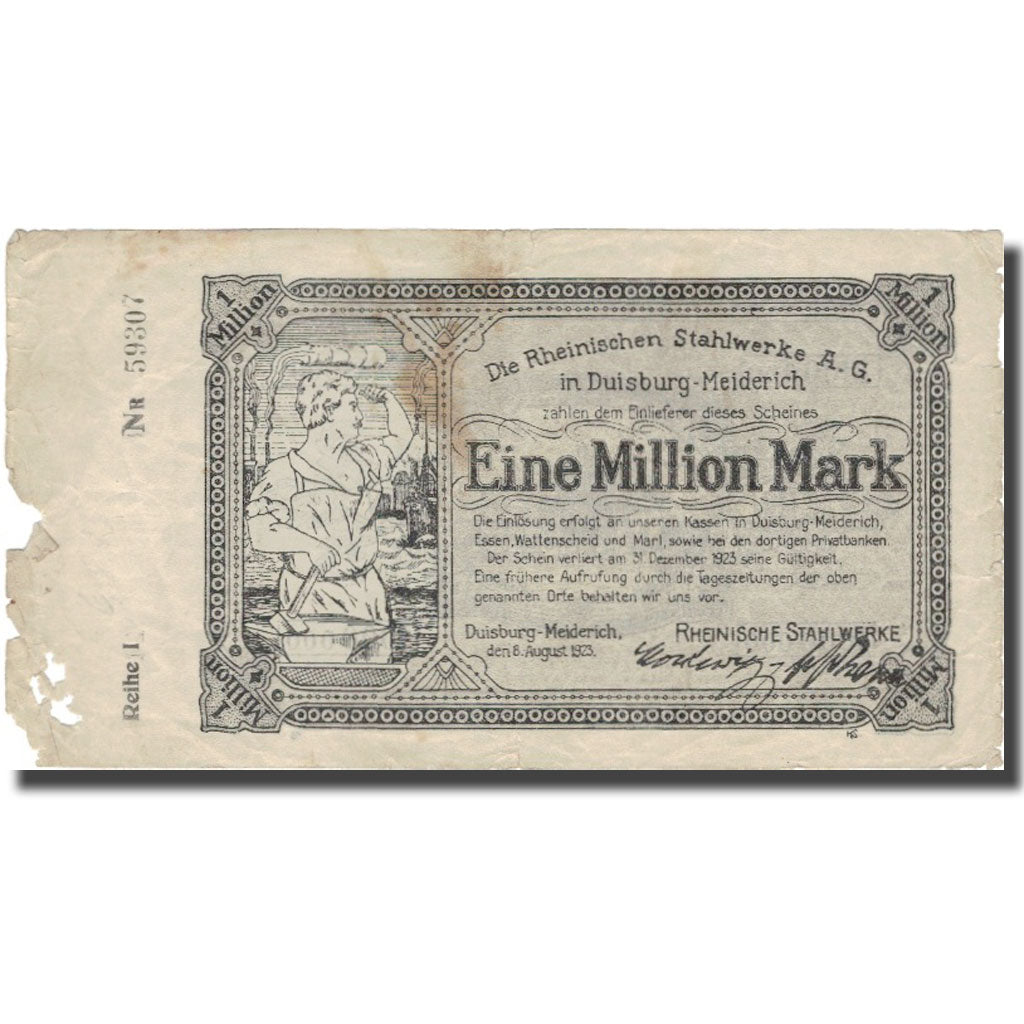 Banknote, Germany, Duisburg, 1 Million Mark, personnage, 1923, 1923, F(12-15)