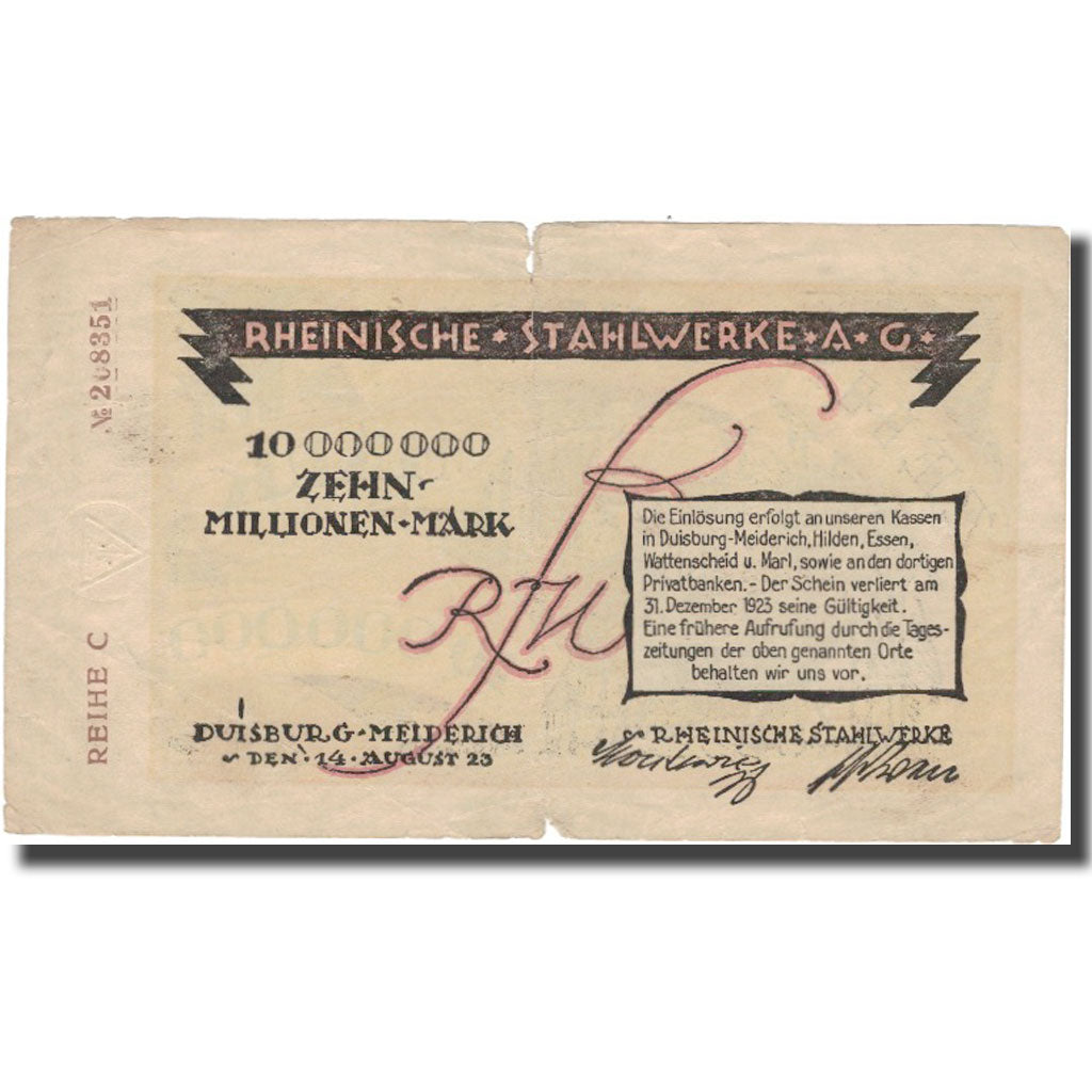 Banknote, Germany, 10 Millionen Mark, paysage, 1923, 1923-08-14, F(12-15)