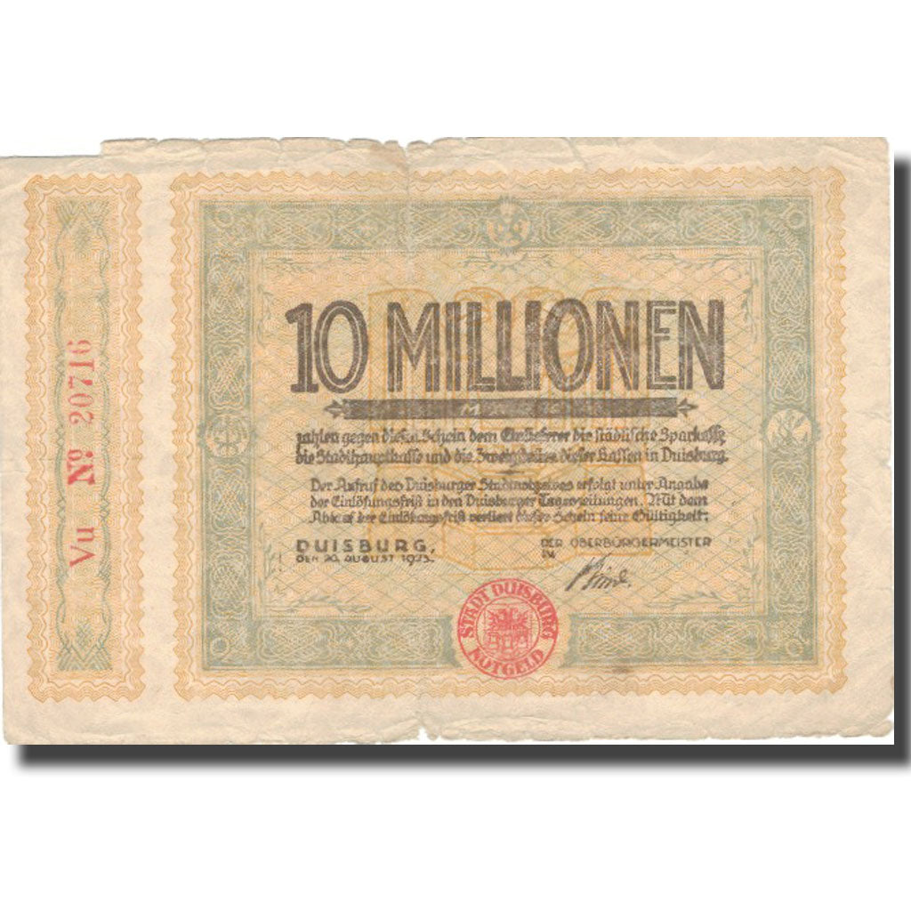 Banknot, Niemcy, Duisburg, 10 Millionen Mark, valeur faciale, 1923, 1923-08-20
