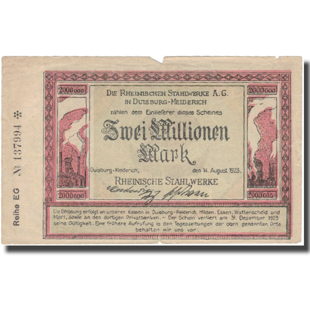 Banknot, Niemcy, Duisburg, 2 Millionen Mark, N.D, 1923, 1923-08-14, F(12-15)