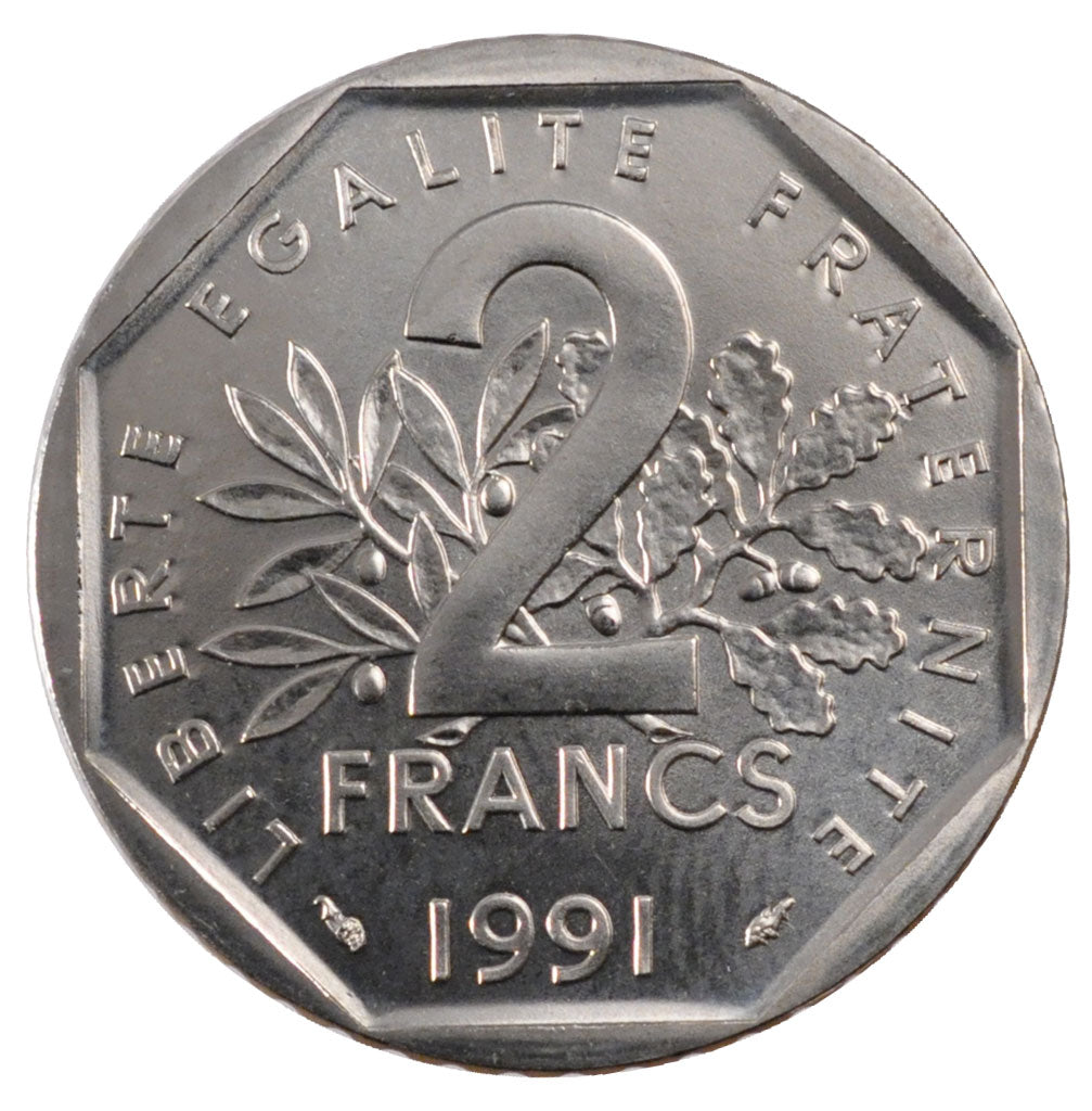 FRANCE, 2 Francs, 1991, MS(65-70), Nickel, Gadoury #547, 7.50