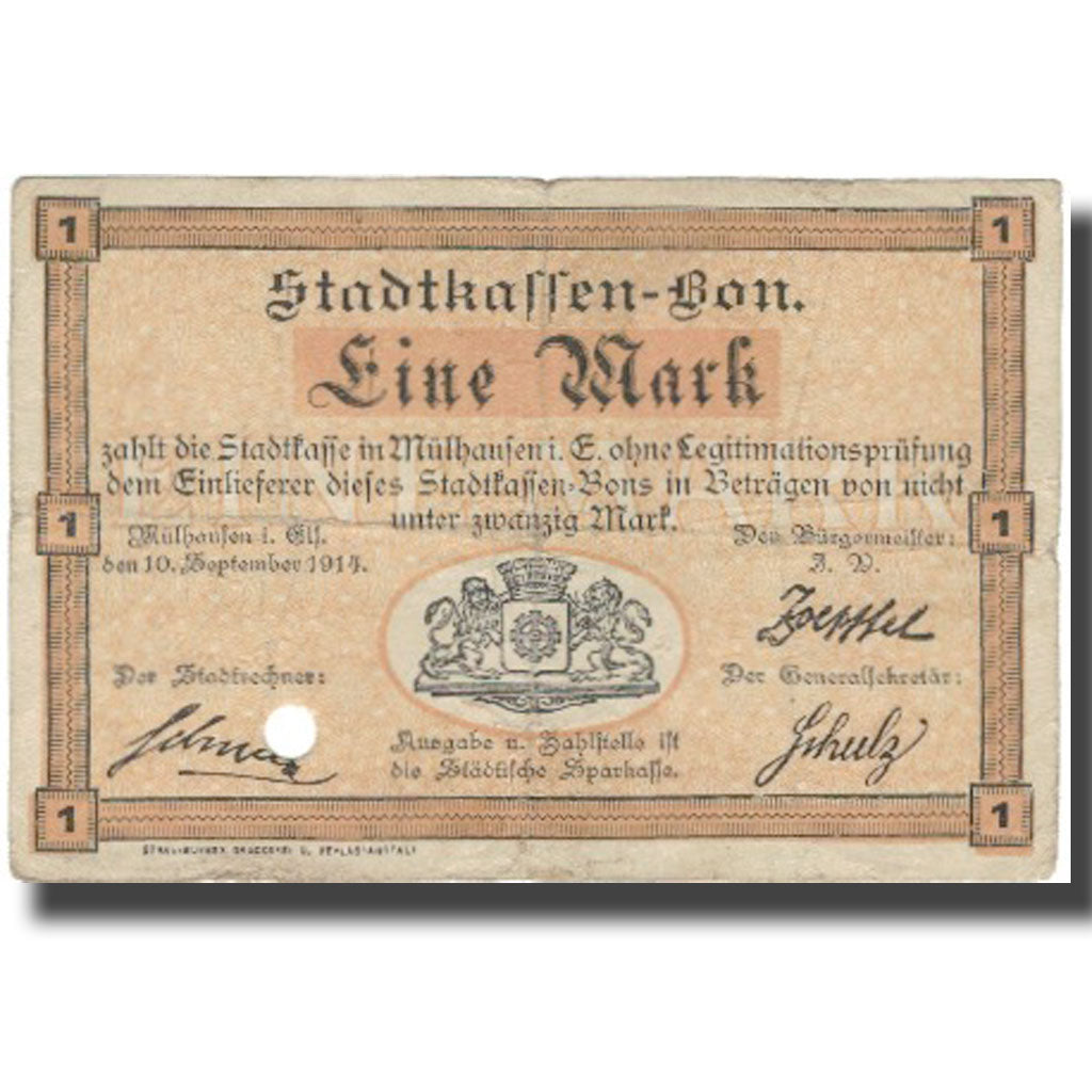 France, Mulhouse, 1 Mark, 1914, VF(30-35)