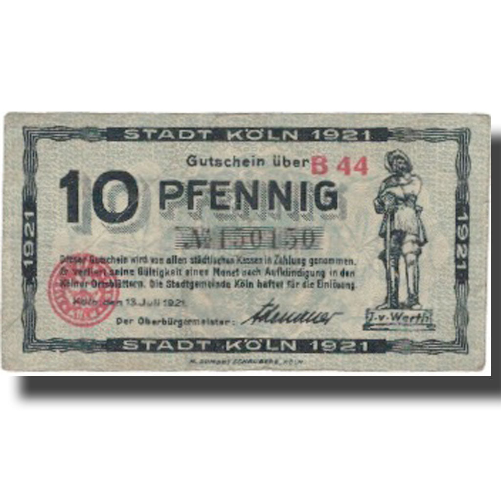 Banconote, Germania, Köln, 10 Pfennig, statue, 1921, 1921-07-13, BB+