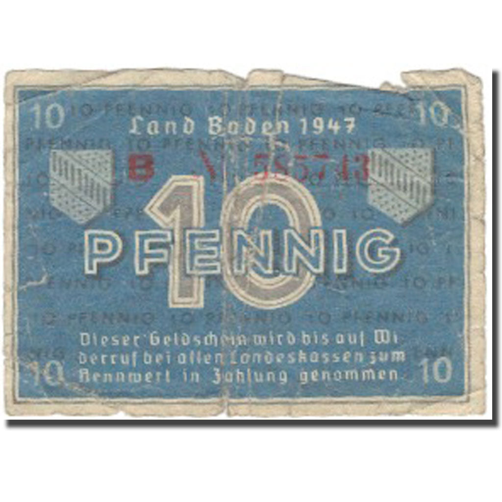Banknote, Germany, Land Baden, 10 Pfennig, Ecusson, 1947, 1947, VG(8-10)