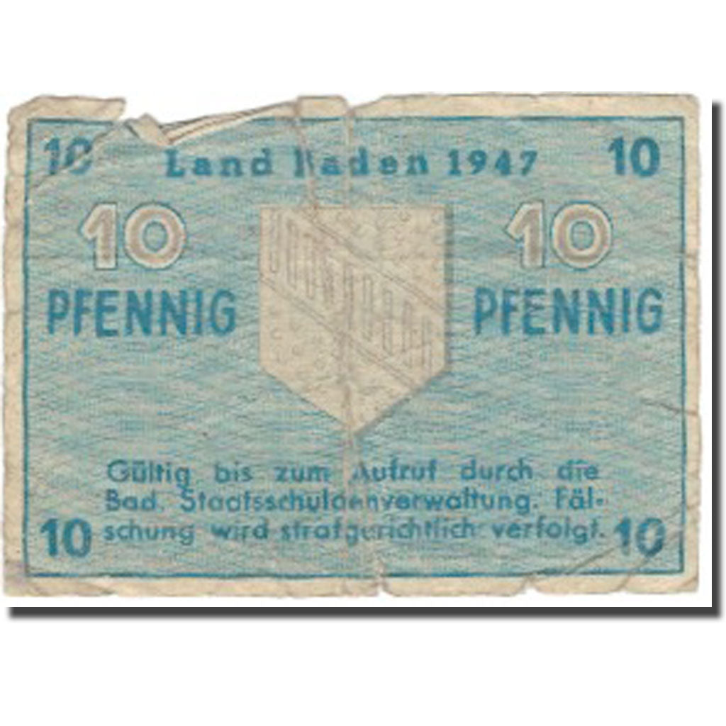 Banknote, Germany, Land Baden, 10 Pfennig, Ecusson, 1947, 1947, VG(8-10)