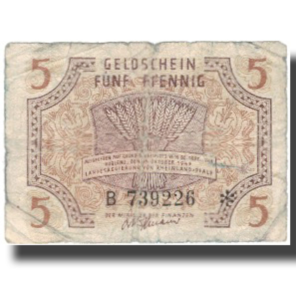 Banknote, Germany, Rheinland, 5 Pfennig, paysage, 1947, 1947, VG(8-10)
