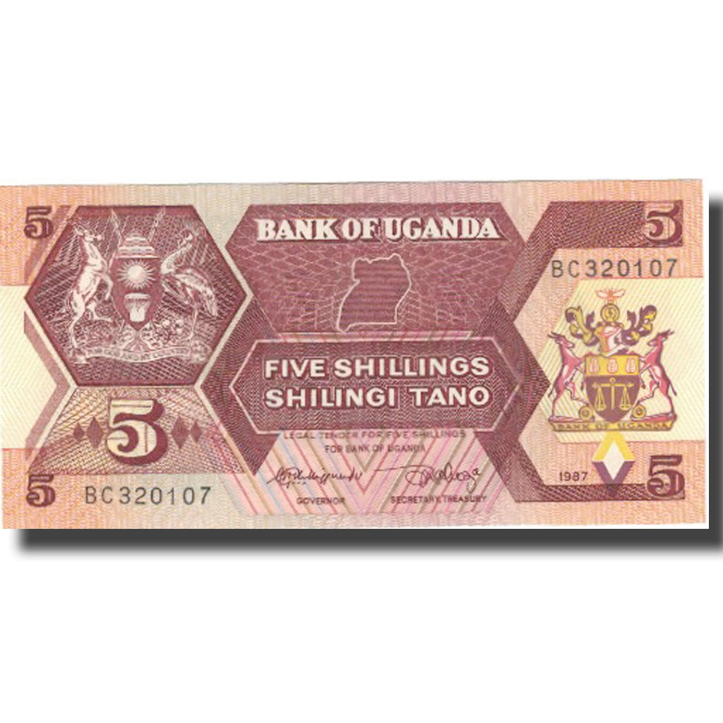 Banknote, Uganda, 5 Shillings, 1967, 1987, KM:27, UNC(65-70)