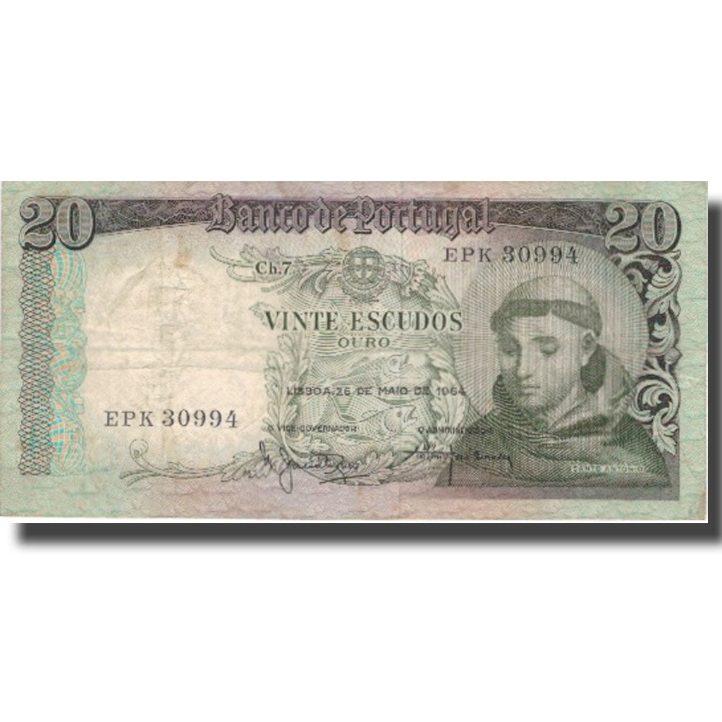 Geldschein, Portugal, 20 Escudos, 1964, 1964-05-26, KM:167b, S+