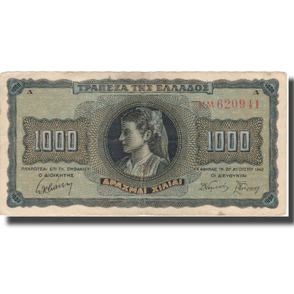Banknote, Greece, 1000 Drachmai, 1942, 1942-08-21, KM:118a, VF(20-25)