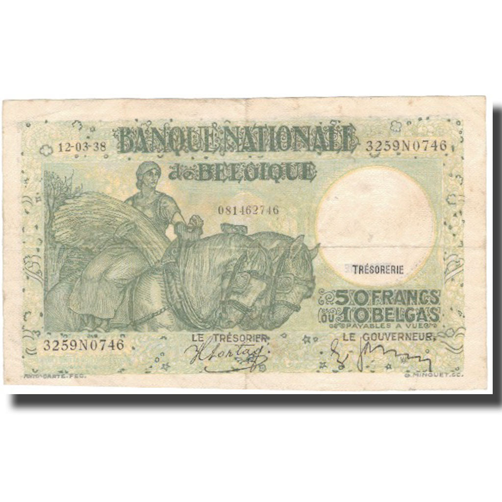 Billet, Belgique, 50 Francs-10 Belgas, 1938, 1938-03-12, KM:100, TB+