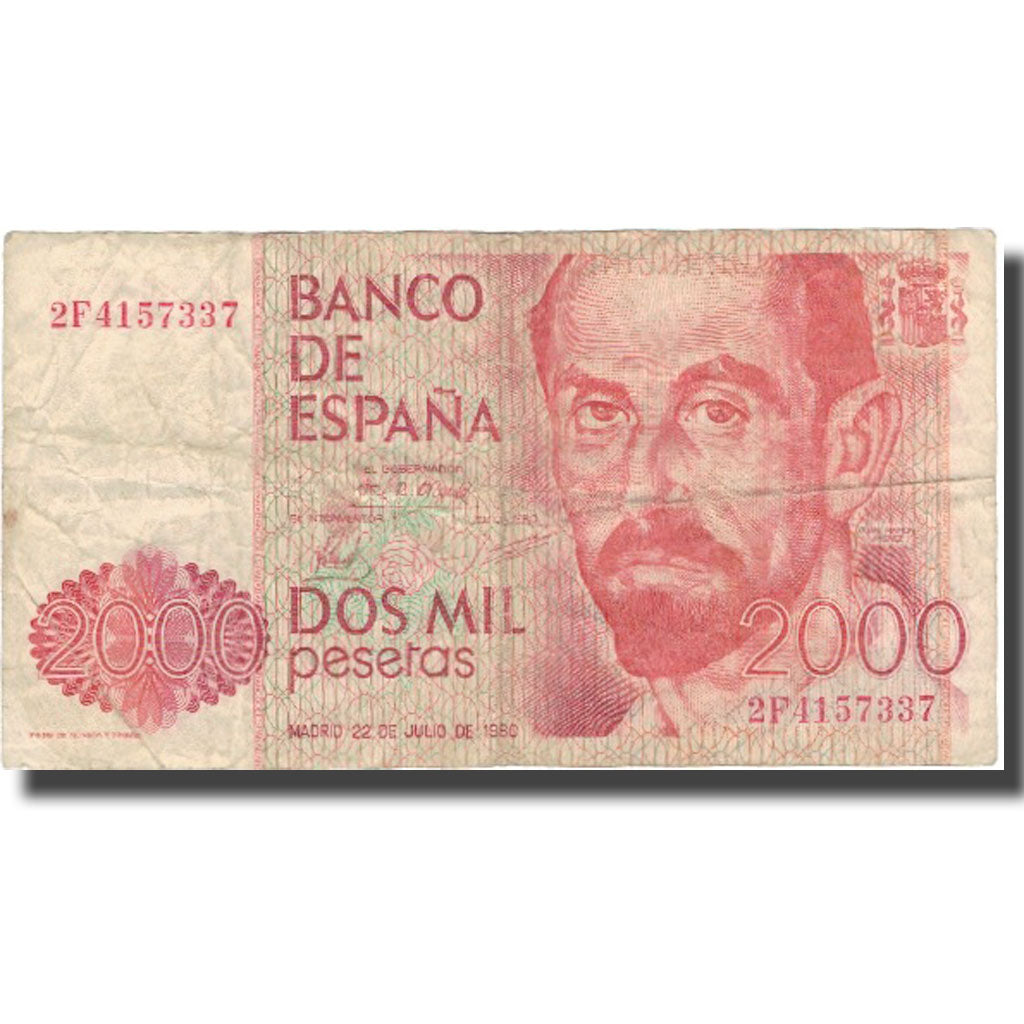 Nota, Espanha, 2000 Pesetas, 1980, 1980-07-22, KM:159, VF(30-35)
