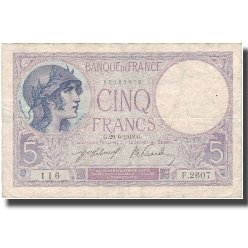Francia, 5 Francs, Violet, 1918, 1918-06-29, BC+, Fayette:3.2, KM:72a