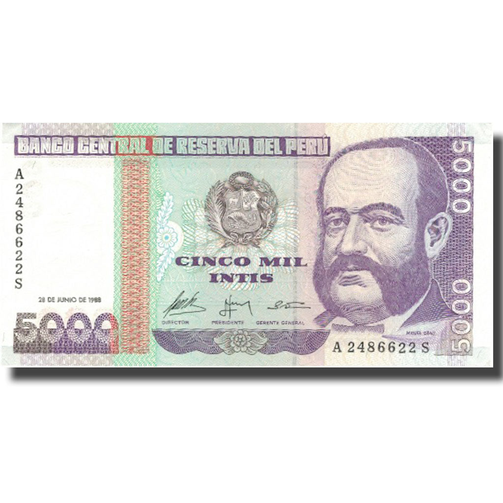 Banknote, Peru, 5000 Intis, 1988, 1988-06-28, KM:137, AU(55-58)