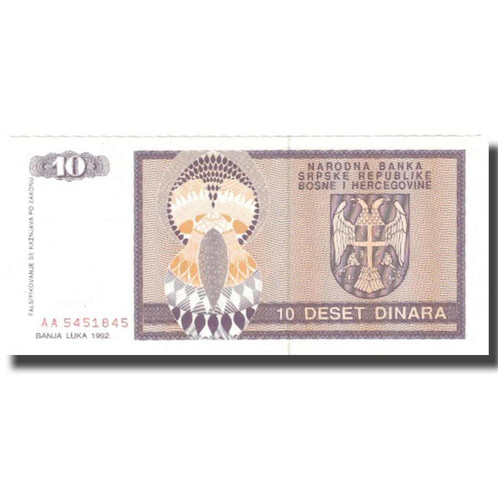 Banknote, Bosnia - Herzegovina, 10 Dinara, 1992, 1992, KM:133a, AU(55-58)