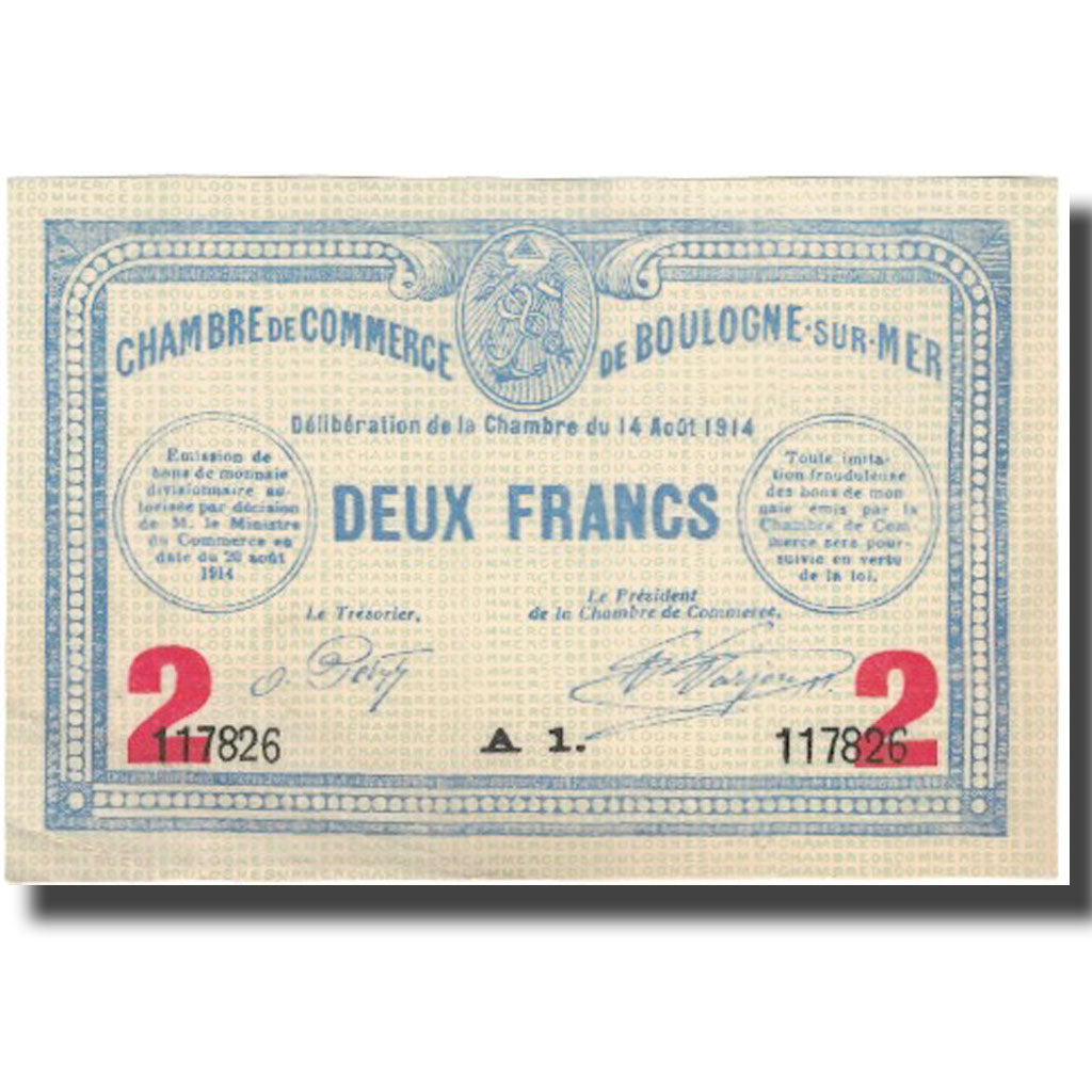 France, Boulogne-sur-Mer, 2 Francs, 1914, AU(55-58)