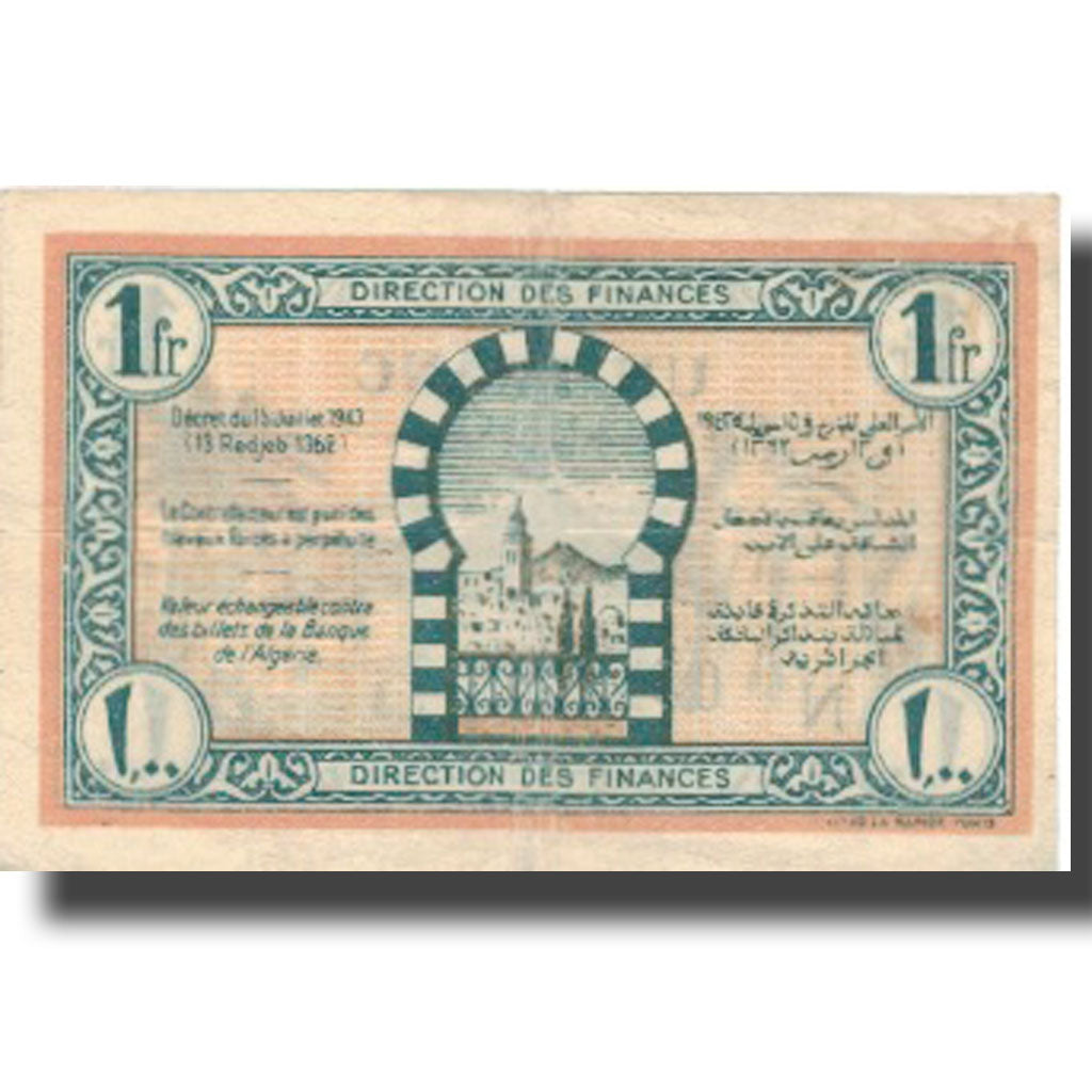 Banknote, Tunisia, 1 Franc, 1943, 1943-07-15, KM:55, EF(40-45)