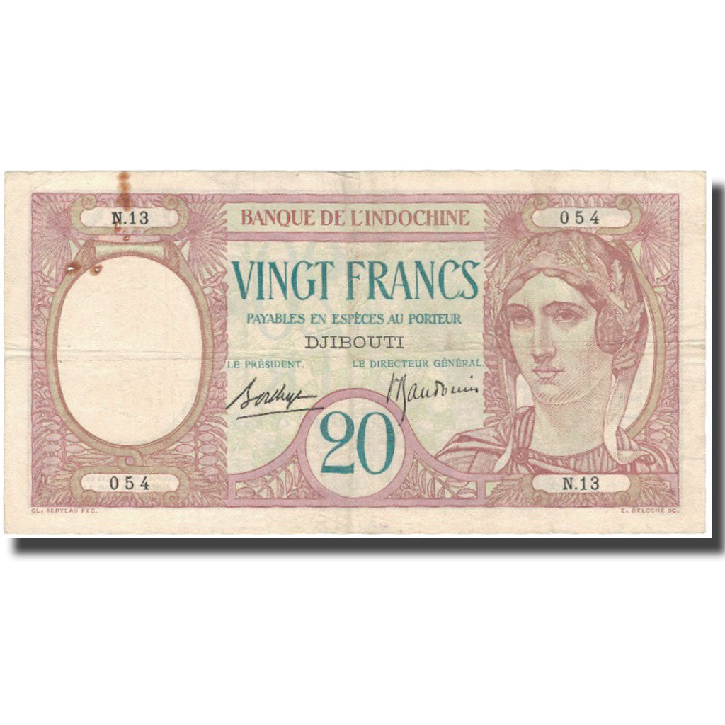 Banknote, French Somaliland, 20 Francs, KM:7a, EF(40-45)