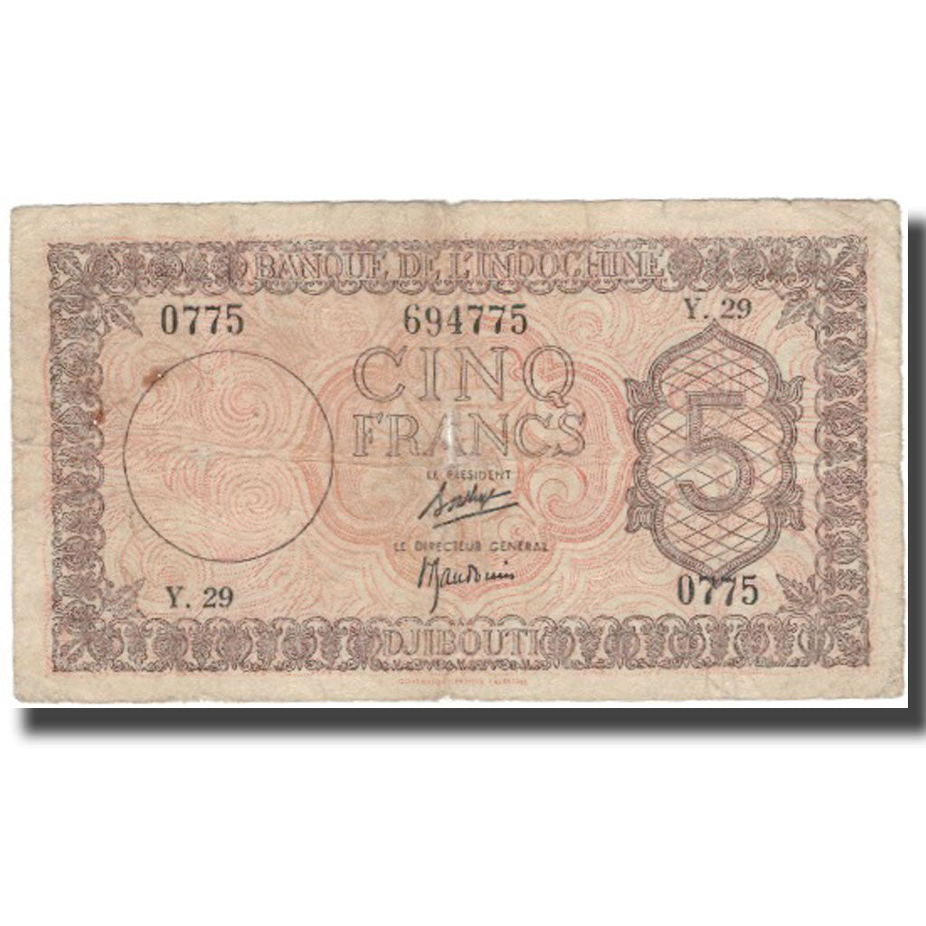 Banknote, French Somaliland, 5 Francs, KM:14, VG(8-10)