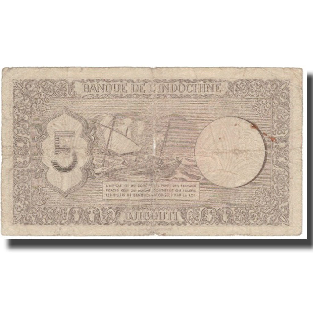 Banknote, French Somaliland, 5 Francs, KM:14, VG(8-10)