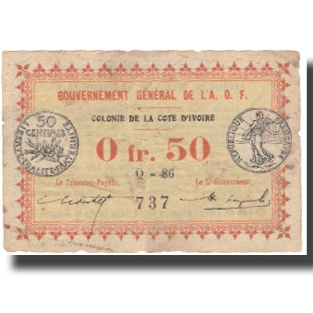 Billet, Ivory Coast, .50 Franc, valeur faciale, 1917, 1917-11-02, KM:1a, TB