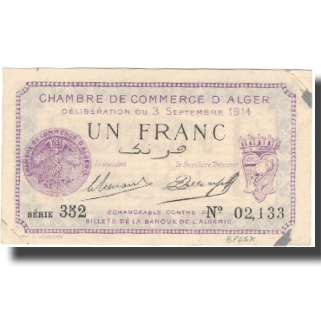 Banknote, Algeria, 1 Franc, Blason, 1914, 1914-09-03, EF(40-45)