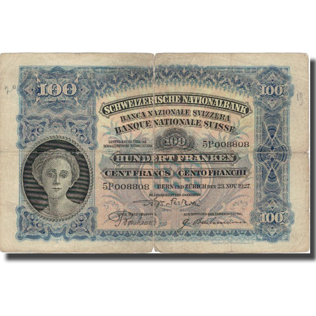 Banknote, Switzerland, 100 Franken, 1927, 1927-11-23, KM:35d, F(12-15)