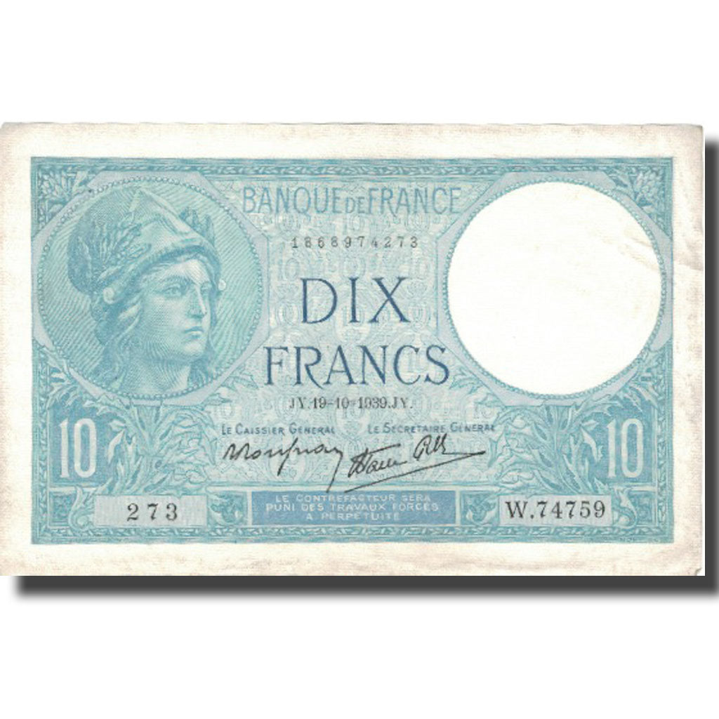 França, 10 Francs, Minerve, 1939, 1939-10-19, EF(40-45), Fayette:7.12, KM:84